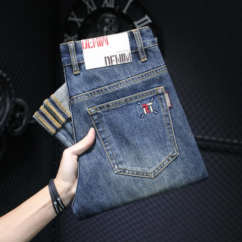 Retro Nostalgic Washed Jeans Men's 2024 Spring and Autumn High-End Embroidery Stretch Slim-Fitting Small Straight Smart Trousers