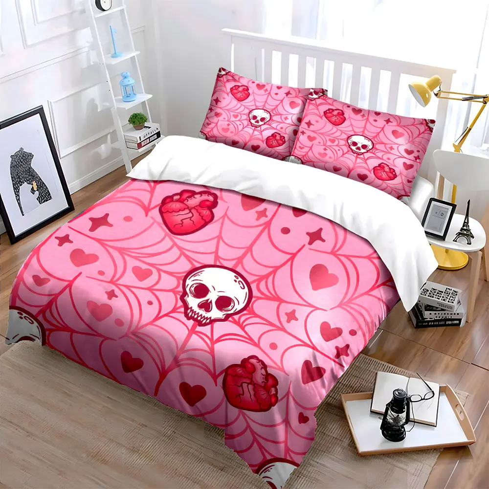 Pink background hearts and skulls Pattern Duvet Cover Set Digital Print Colorful Polyester Bedding with Zipper Closur for gifts