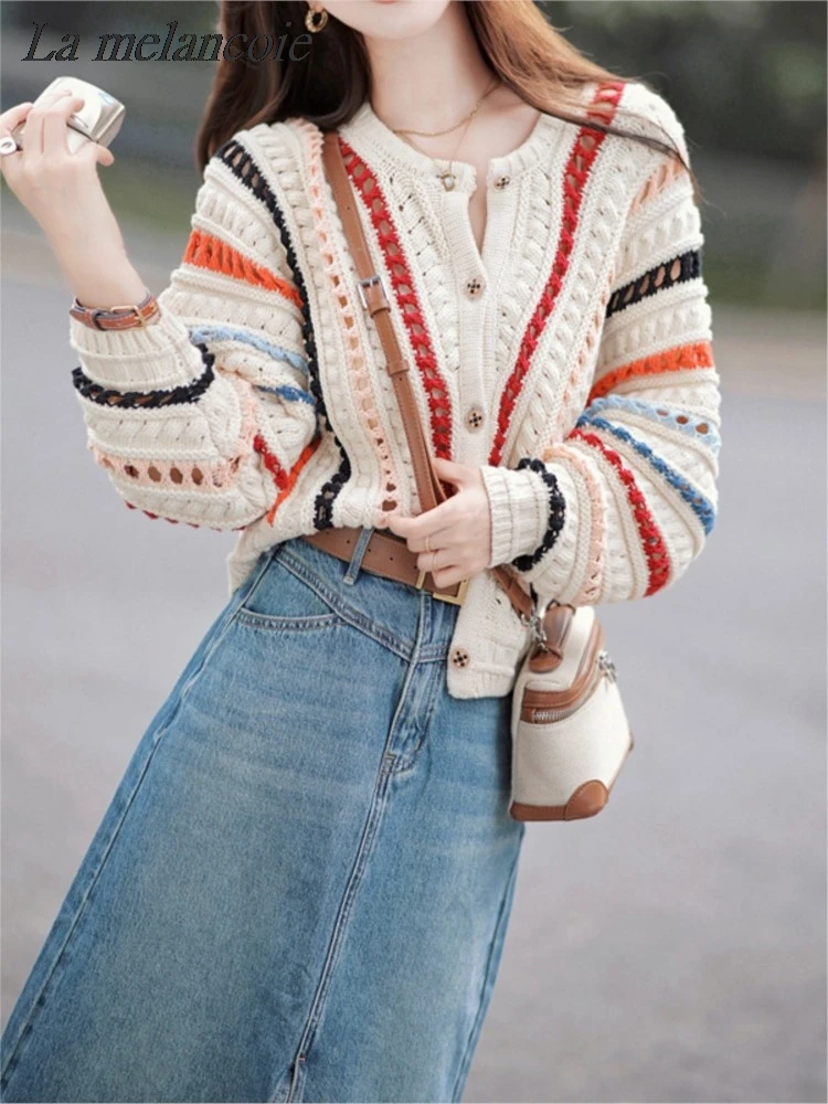 

Rainbow Stripe Hollow Knitted Cardigan Sweater For Women Fashion Loose Button Up O-Neck Sweaters Female 2024 New Autumn Winter