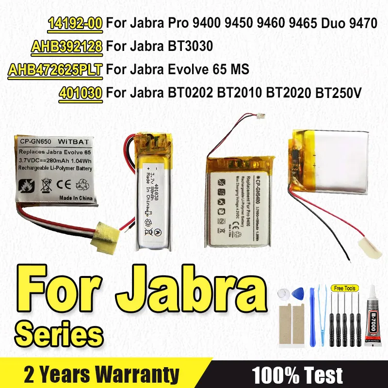 Batterie neuve pour Jabra Pro 9400 9450 9460 9465 Duo 9470, Evolve 65 MS, BT0202 BT2010 BT2020 BT250V BT3030 + outils