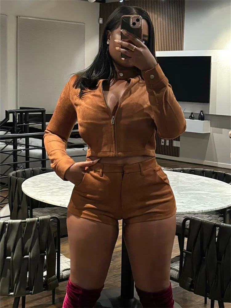 

Weird Puss Hipster 2-Piece Set Women Flocking Button Zip Full Sleeve Jacket+Pocket Shorts Matching Hottie Punk Club Streetwear