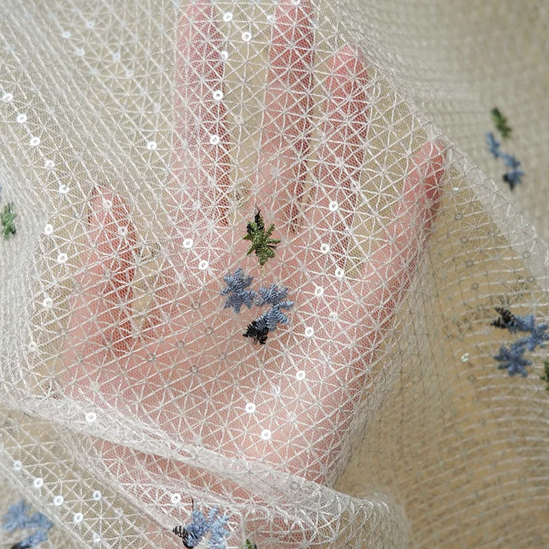 

Ultra-glitter sequin embroidered slightly transparent checkered mesh fabric for clothing sewing fabric fresh simple fabric