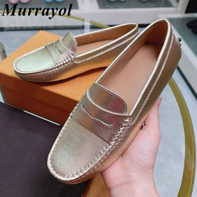 

Round Toe Shallow Mouth Loafers Women's Genuine Leather Flat Shoes Four Seasons Soft Sole Pea Shoes Office Shoes Driving Shoes