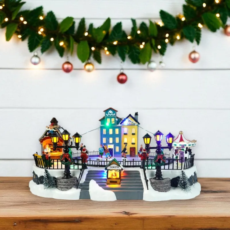 Supplier Plastic Animated LED Musical Skating Rink House Christmas Decoration Christmas Village With Movement
