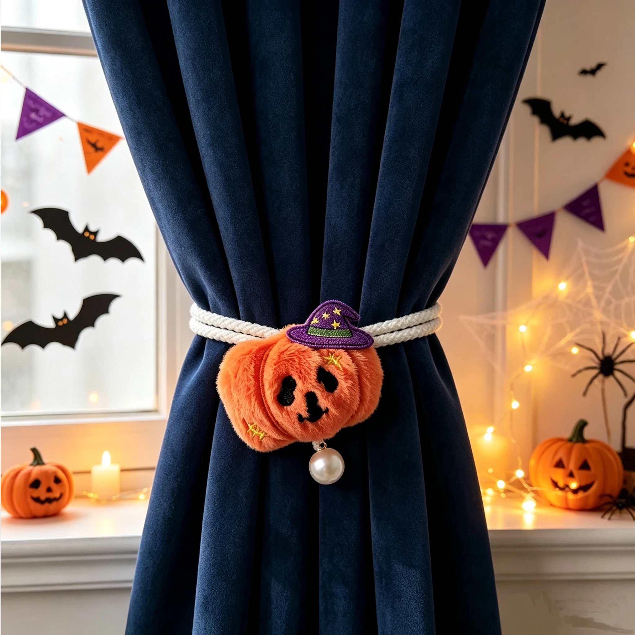 2pcs Cute Halloween Plush Pumpkin Curtain Tiebacks with Pearl Beads Holiday Window Drapery Holdbacks for Home Party Decor