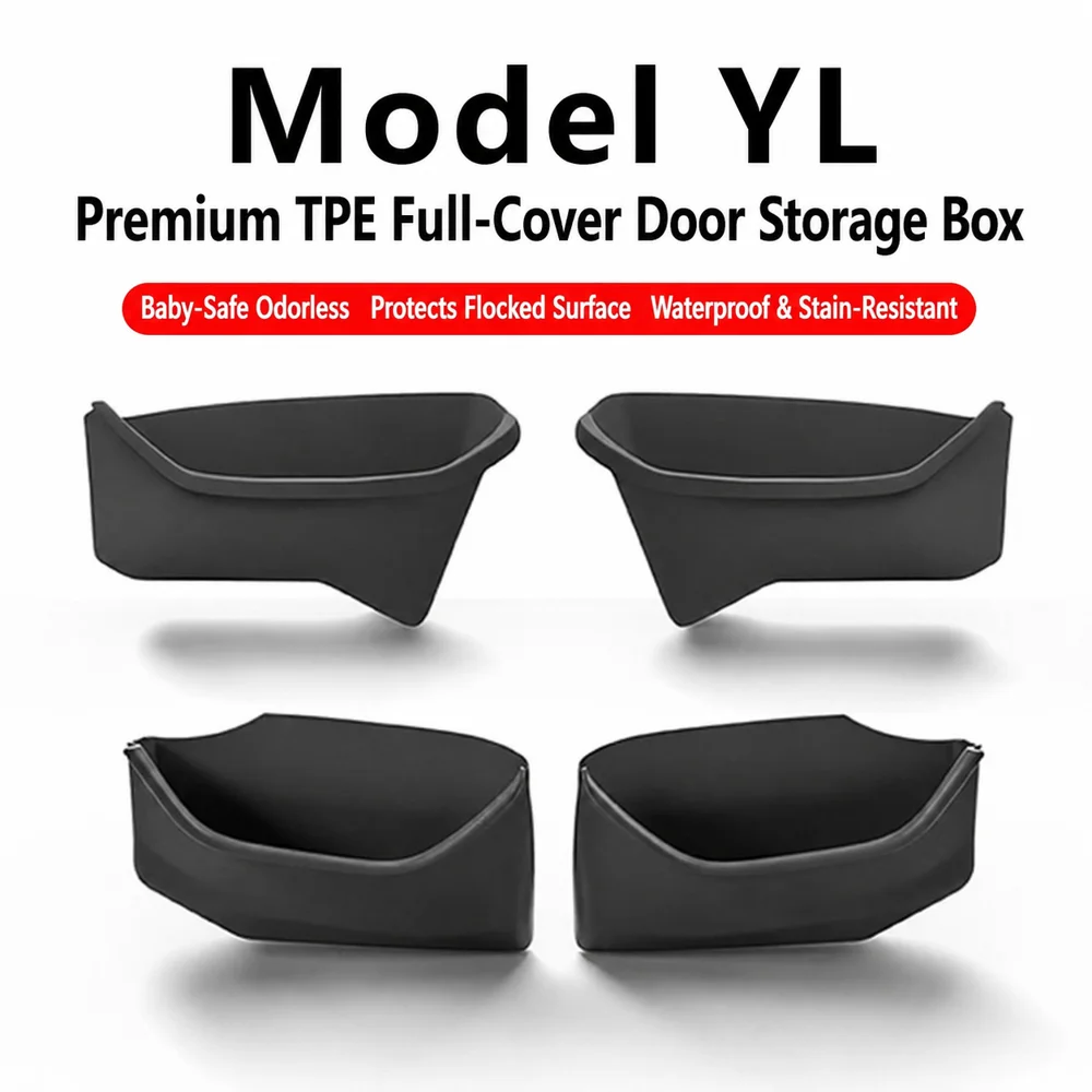 For Tesla Model YL 2026 Door Side Storage Box Set TPE Fully Covered Front Rear Door Storage Tray Organizer Interior Accessories