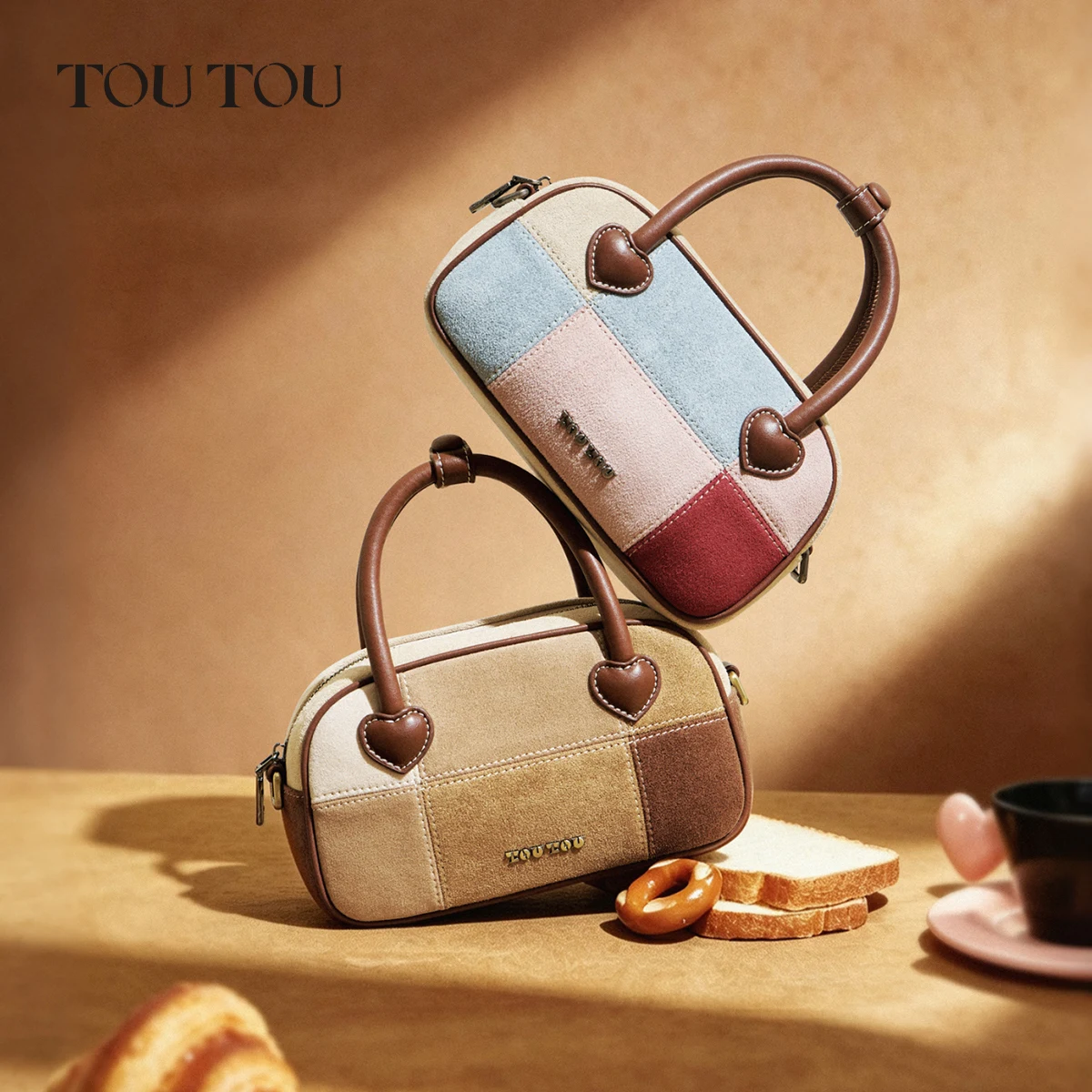TOUTOU Cute Patchwork Faux Suede Mousse Bag, Heart Charm Top Handle Handbag with Adjustable Crossbody Strap for Women