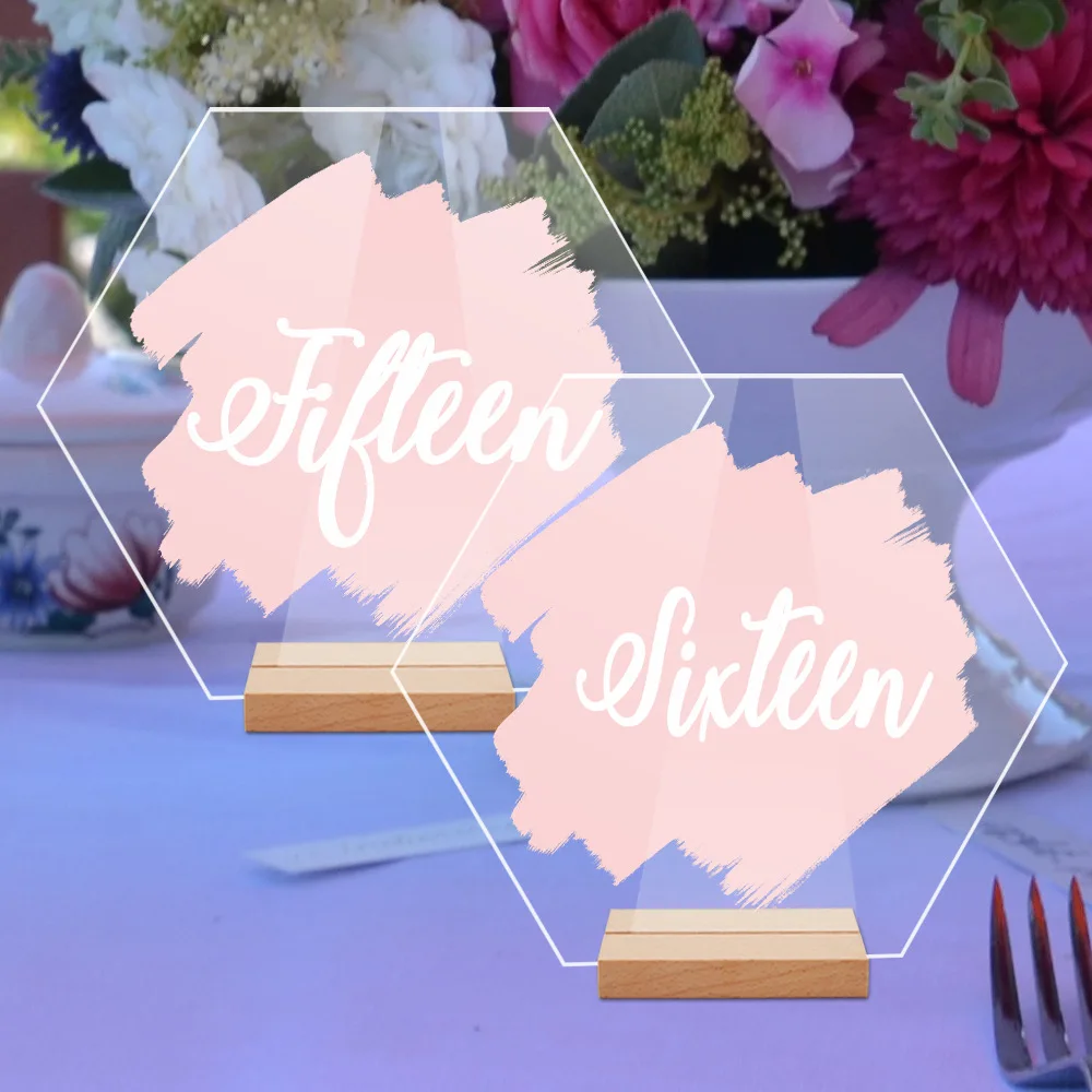 Acrylic Hexagonal Table Sign Wedding Table Number Sign Dining Table Sign Wine Table UV Wooden Base Seat Sign