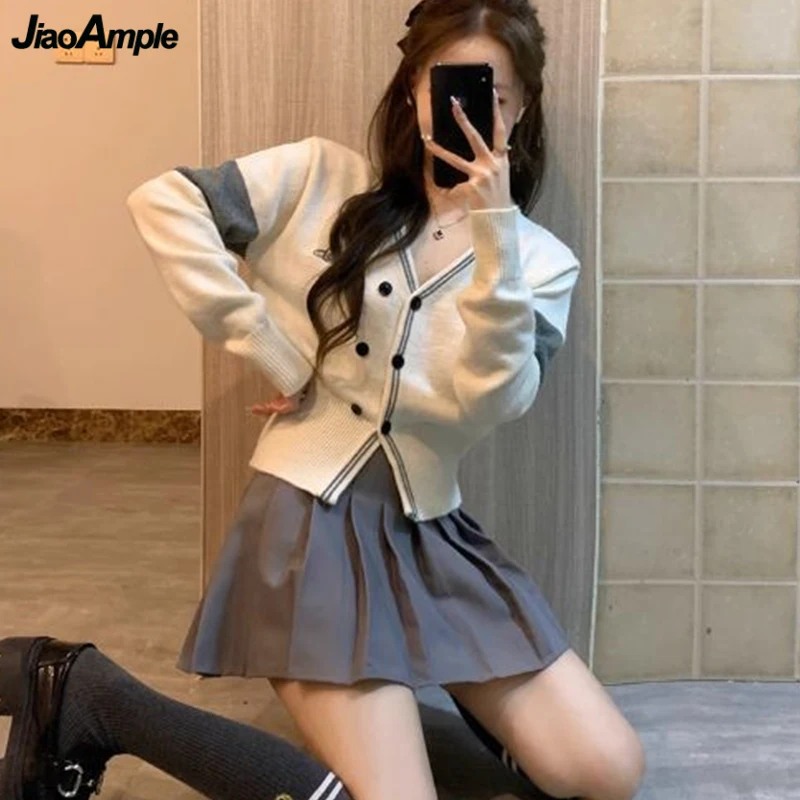 

Women Spring Autumn Slim Short Sweater Cardigan Mini Pleated Skirts 1 or 2 Piece Set Korean Lady Preppy Style Knit Tops Outfits