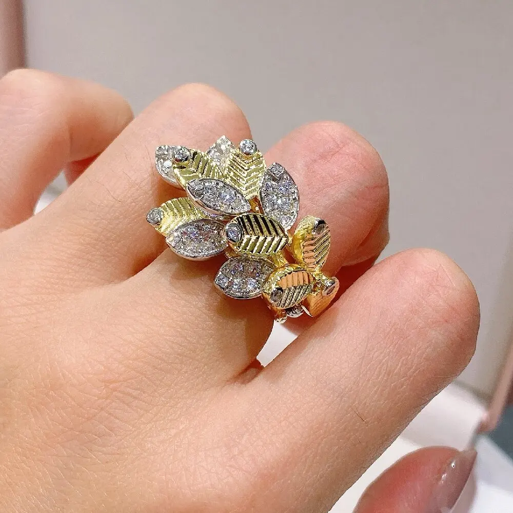 KQDANCE 925 Sterling Silver Luxurious Retro Multi-layered Leaf-shaped Ring With Gold-plated Women's Jewelry Accessory