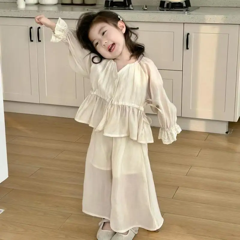 Girls Suit Summer New Korean Fashion Solid Color Thin Lace Shirt Wide Leg Pants Two Piece Set Girls Clothes