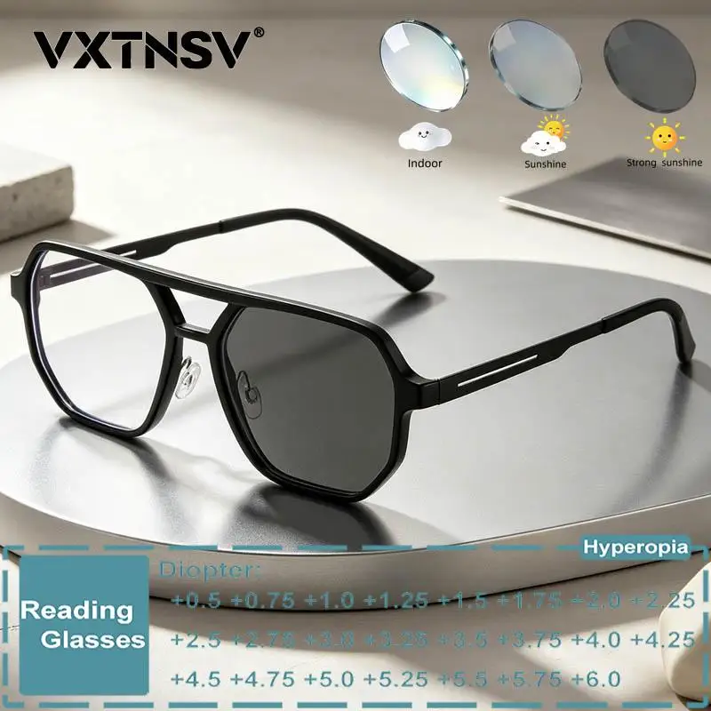 Square Frame Photochromic Reading Glasses Men Women Trendy Double Bridge Anti Blue Light Presbyopia Eyewear Custom Prescription