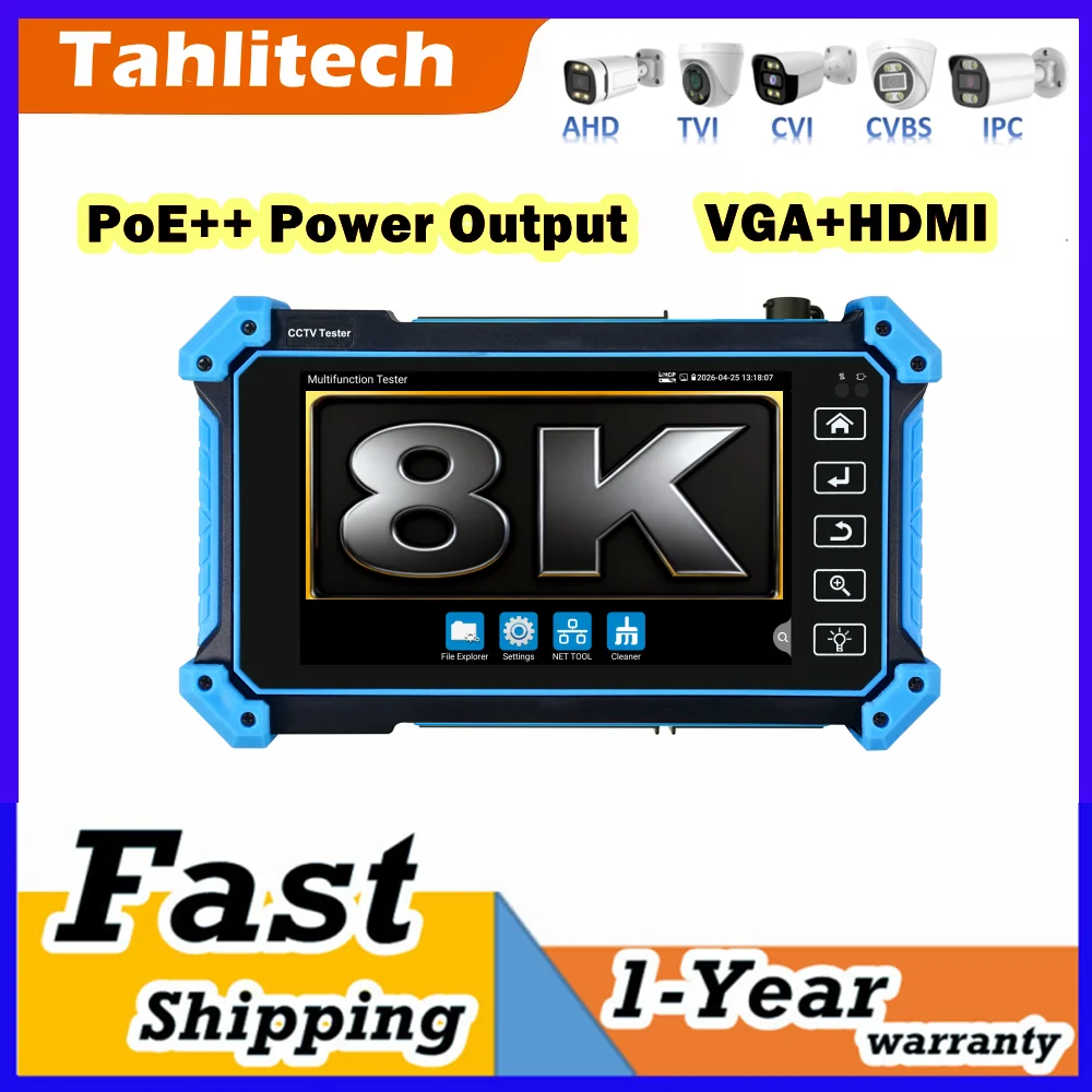 

Тестер IP-камер 5.4" H.264/H.265 для систем видеонаблюдения, 8K IP, 8MP AHD CVI TVI SDI, с входами VGA, HDMI, выходом PoE, Wi-Fi, поддержкой PTZ, тестирование кабелей RJ45