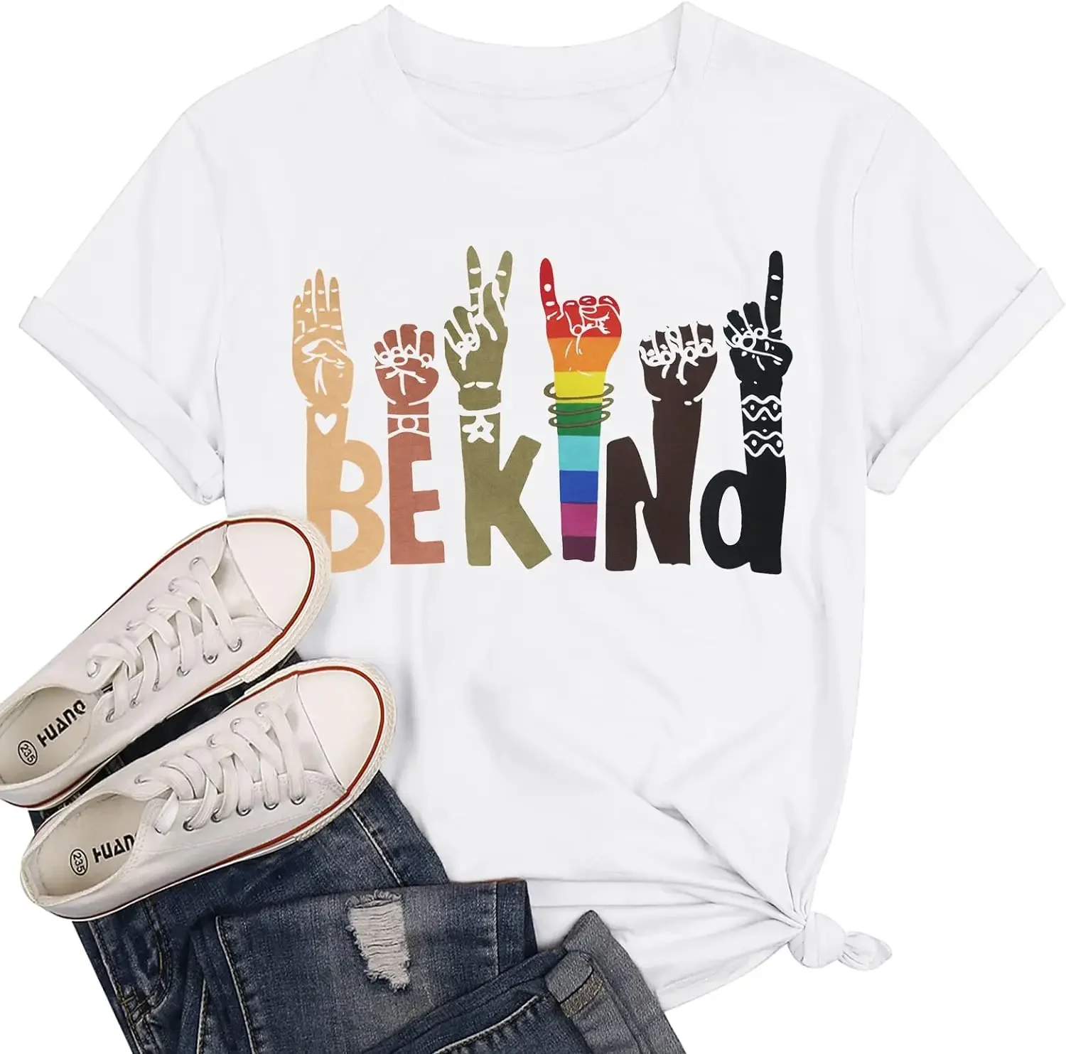 Kindness Short Sleeve Inspirational Tee Tops Be Kind Shirt for Women Sign Languag Hand Graphic T Shirts