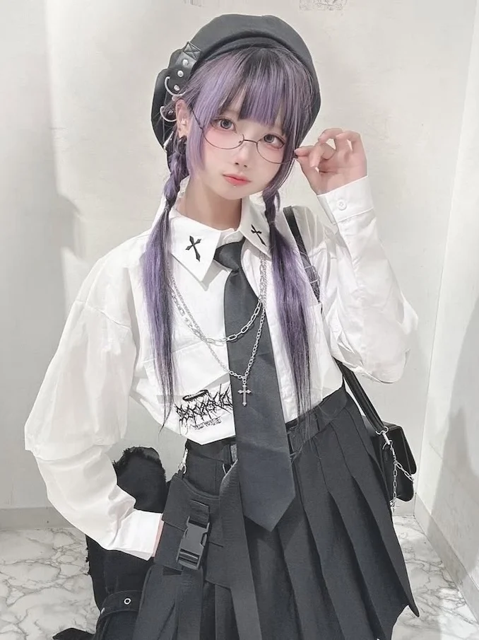 Japanese Mine Embroidered Cross Print Loose Long Short Sleeve Two Wear Shirt Women's Subculture Shirt with Chain