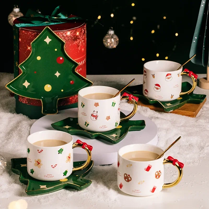 Christmas Style Ceramic Coffee Cup and Saucer Creative Cute Christmas Trees Saucer Christmas Elements Coffee Cup gift box