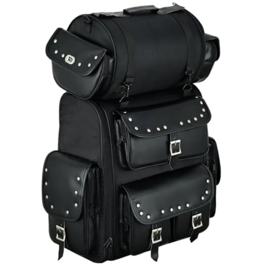

Large Studded 2 Piece Sissy Bar Bag for Motorcycle Luggage with Multiple Storage Pockets and Removable Rain Cover in Black