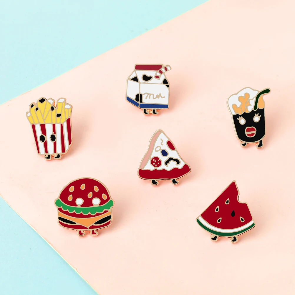 Cute Funny Food Pins Walking Milk Hamburger Pizza Watermelon Enamel Brooch Women Decoration Badges Fashion Jewelry Friends Gifts