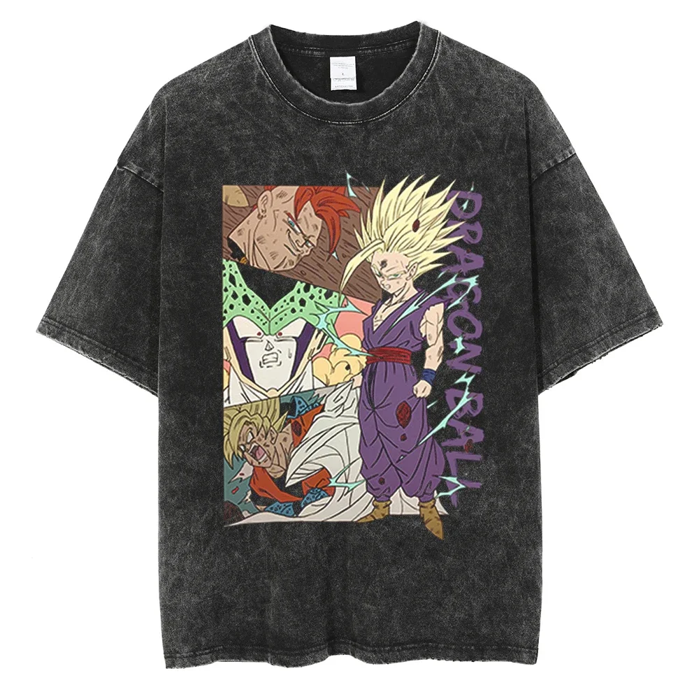 2024 Men Hip Hop Streetwear T Shirt Dragon Ball Graphic T Shirt Cotton Loose Short Sleeve Black Washed Tshirt Oversize Harajuku