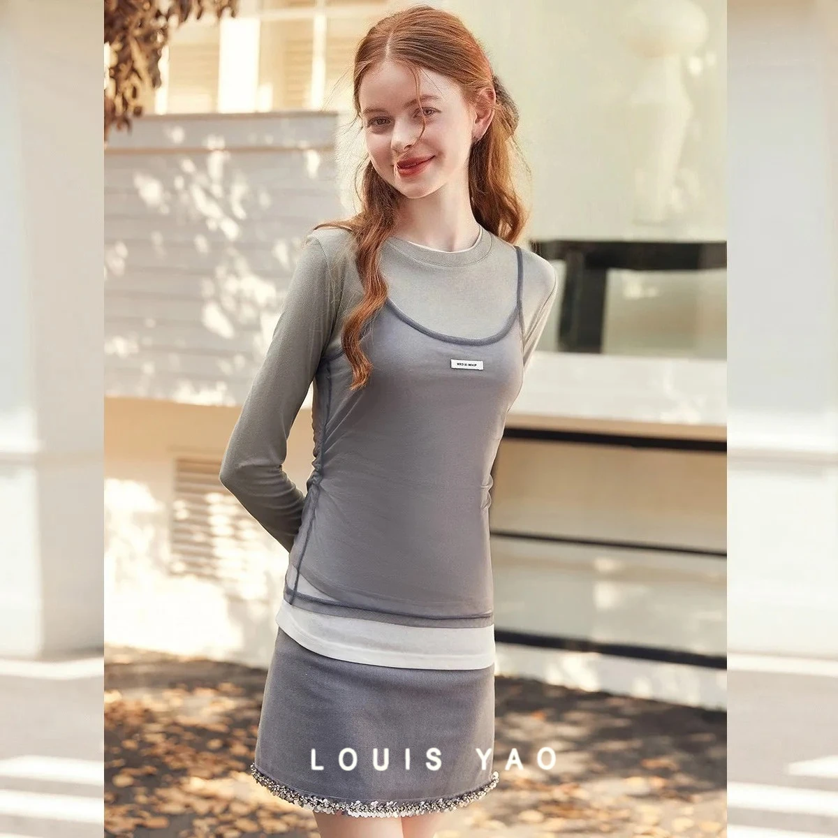 

LOUIS YAO Patchwork T-shirt Two-Piece Set 2025 Autumn Top Pullover Personality Camisoles Long Sleeve Women's Set Knitted Tees