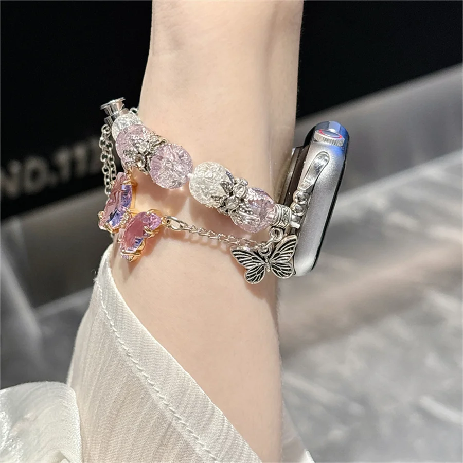 New Women\'s Personalized Creative Crystal Stone Fantasy Butterfly Glass Ornament Watch Strap Compatible with Apple Watch 49mm 45