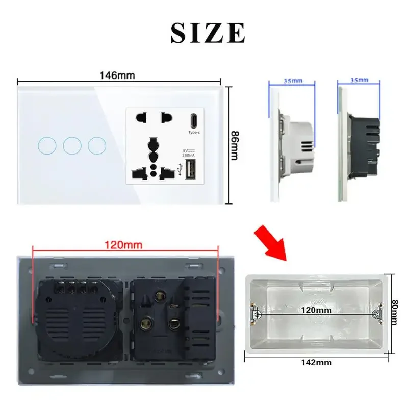 Tuya wifi interruptor inteligente soquete 147 tipo 1/2/3/4gang painel de interruptor de toque com controle usb tipo-c via alexa google casa