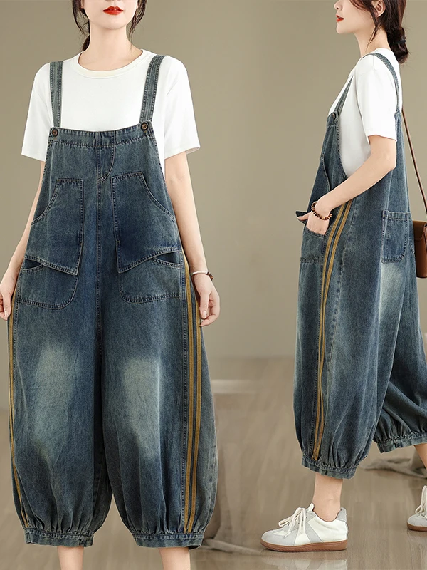 Summer New Fashion Color Block Striped Denim Overalls Loose plus Size Cuffed Seven Point Pants Women Trendy High Waist Wide L...