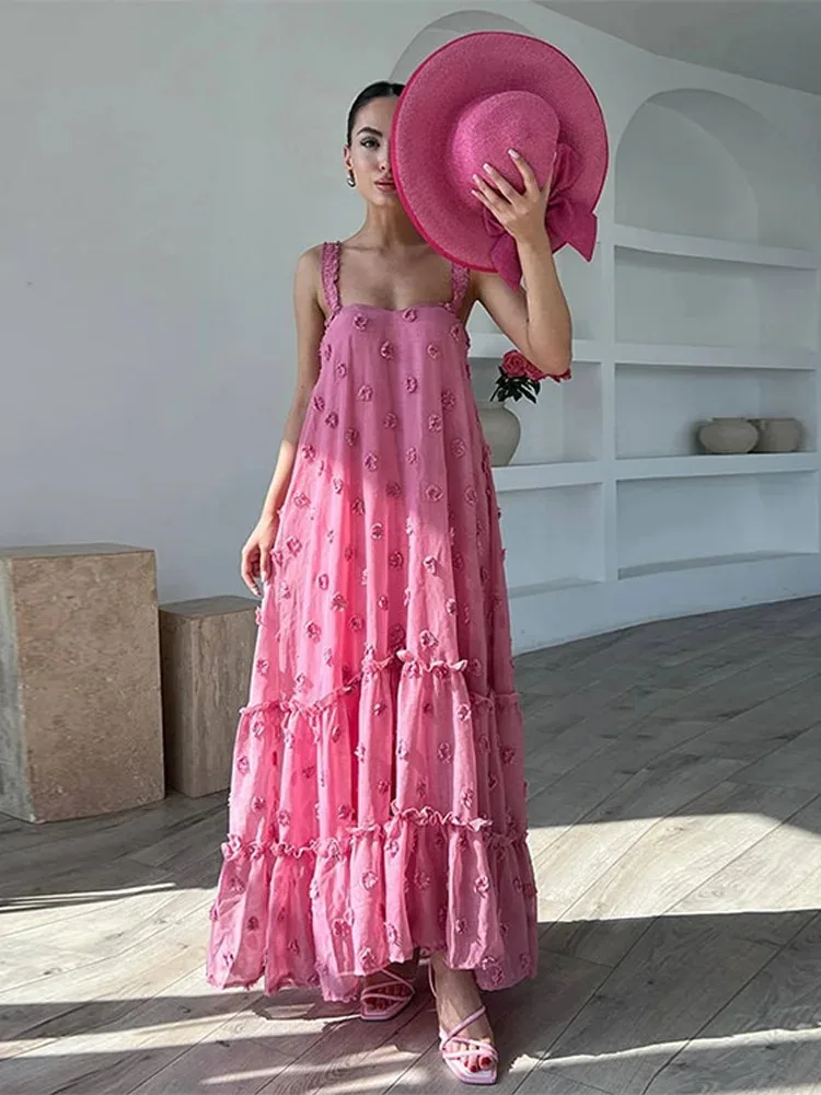 2024 Women Evening Long Dress Chic 3d Flower Halter Ruffle Beach Holiday Dress Summer Elegant Lady Sundress Party Vestidos