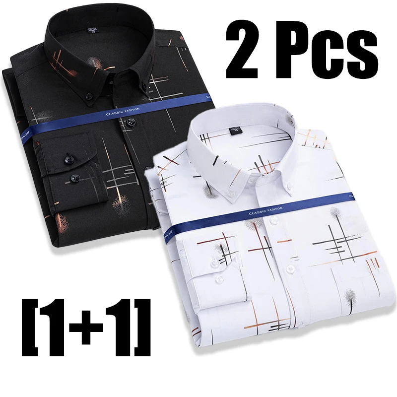 

Multi-piece set Men's Fashion Print Plaid Business Casual Long Sleeved Shirts New Single Pocket Anti-wrinkle Comfortable Blouses