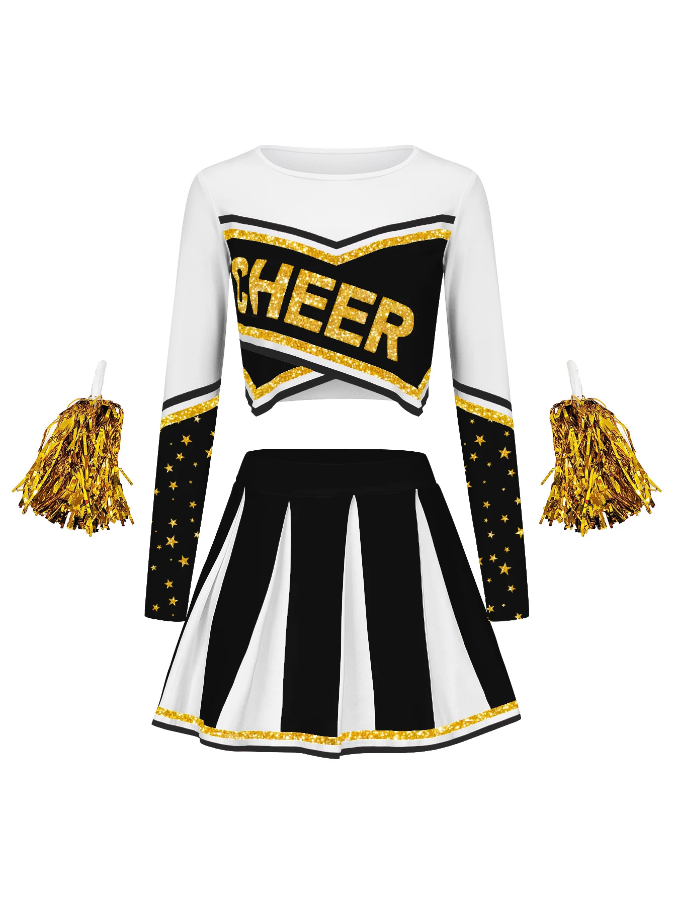 Lässiger und bequemer Damen-Cheerleaderanzug mit langen Ärmeln und Sternenmuster für Feiertage, Damen-Verkleidungsset
