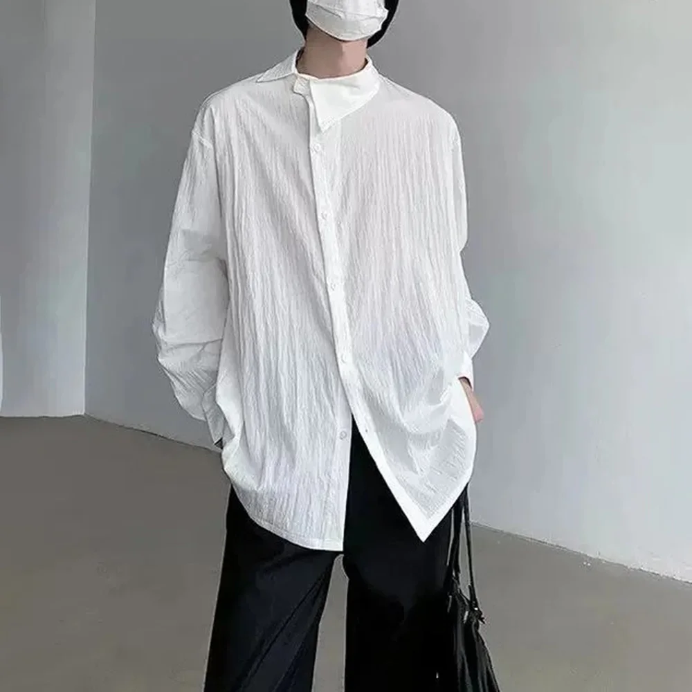 

Spring And Summer Men's Asymmetrical Collar Pleated Solid Color Long-Sleeved Shirt Retro Fashion Trend Casual Loose Men's Tops