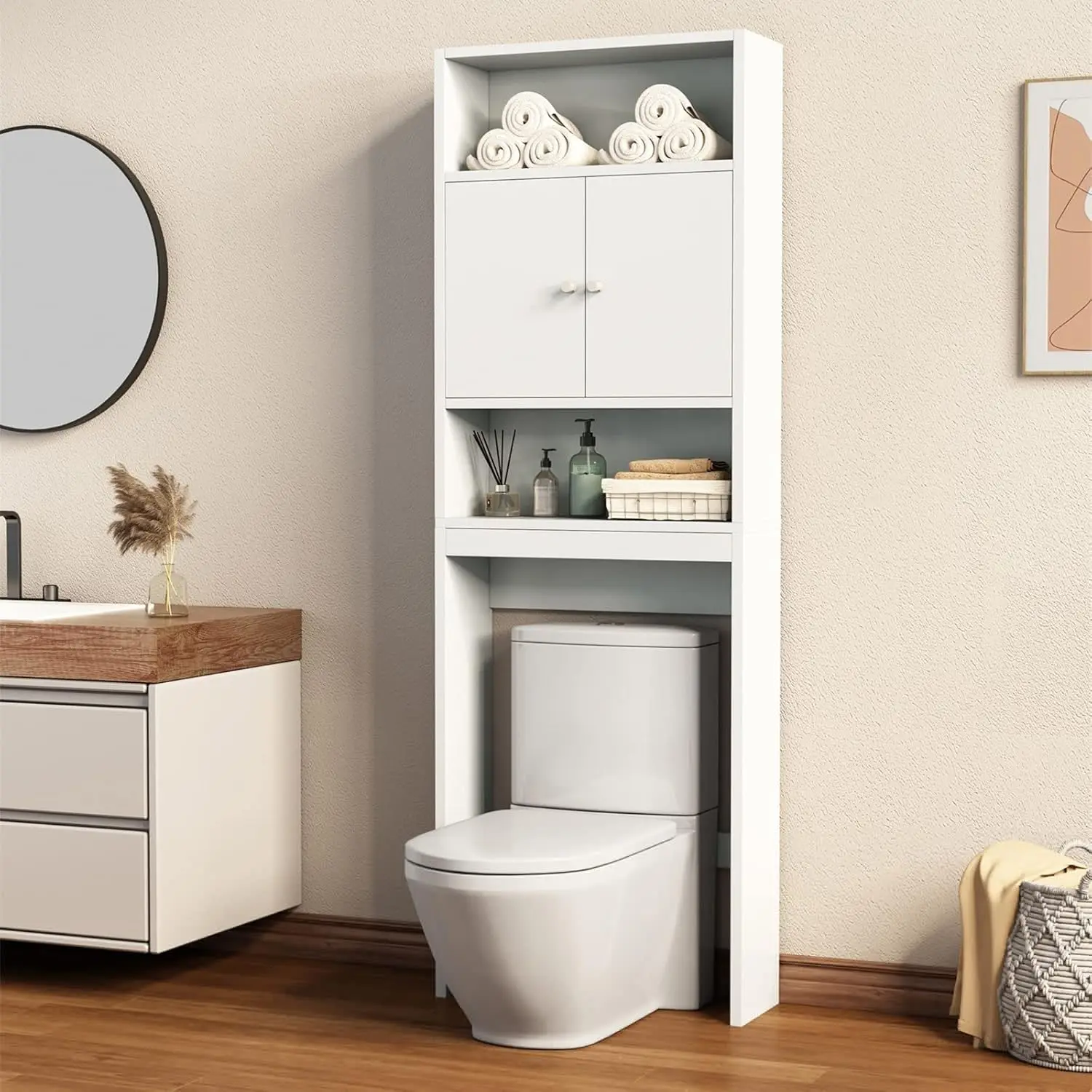 

Bathroom Over The Toilet , 77'' Taller Bathroom Organizer Space-Saving Collect Cabinet with Shelves and Double Doors, W Racks