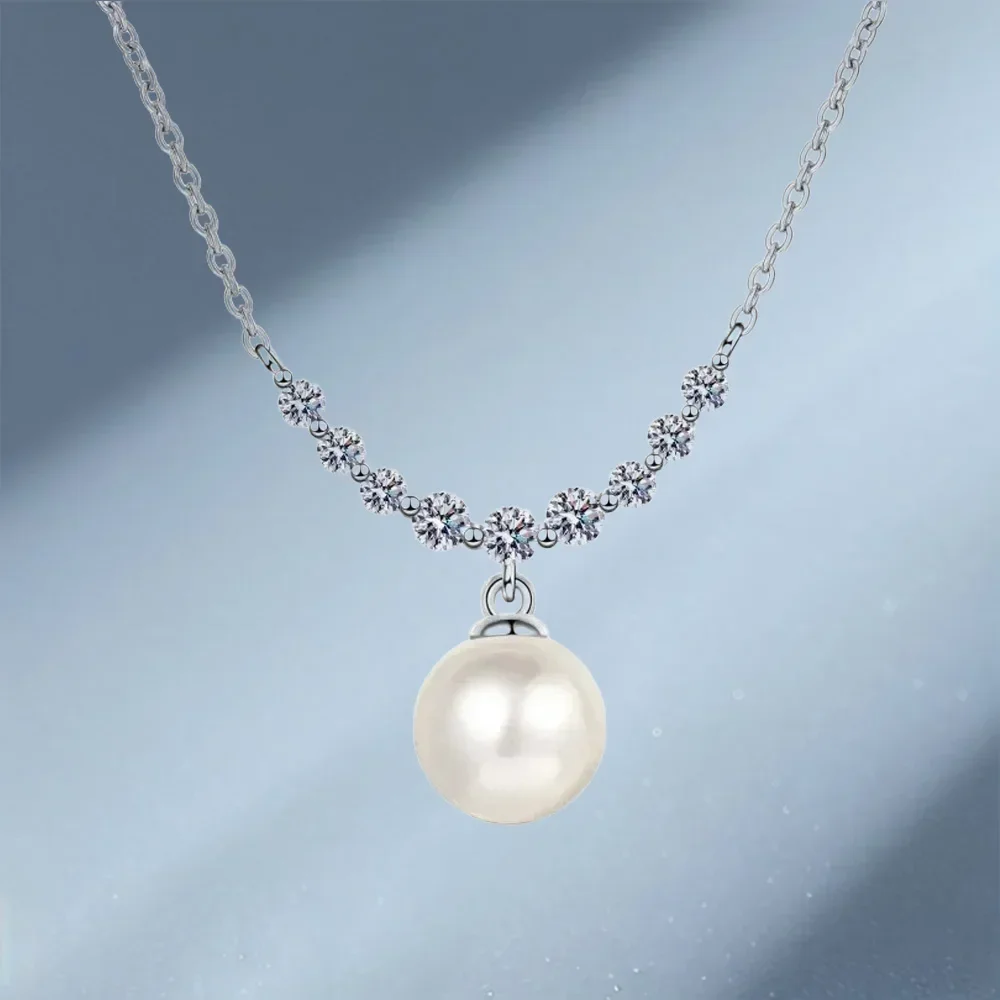 Exquisite Store Sparkly Moissanite 8mm Pearl Pendant Necklace, Classic PT950 Platinum 0.36ct Real Moissanite Necklace Party Gift