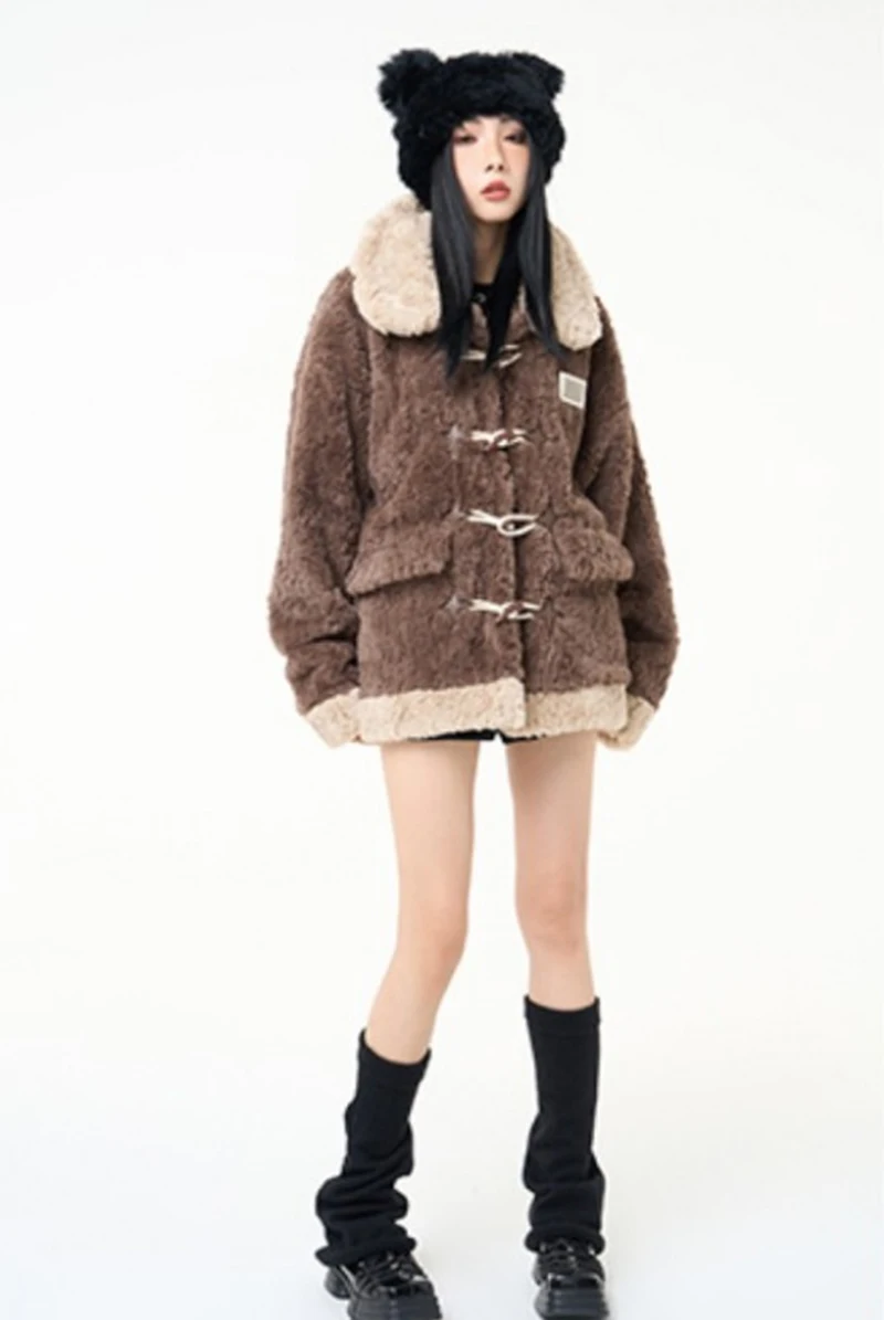 Chic Brown Women Shearling Jacket Toggle Button Coat Contrast Collar Loose Cozy Preppy Streetwear Winter Outerwear Top