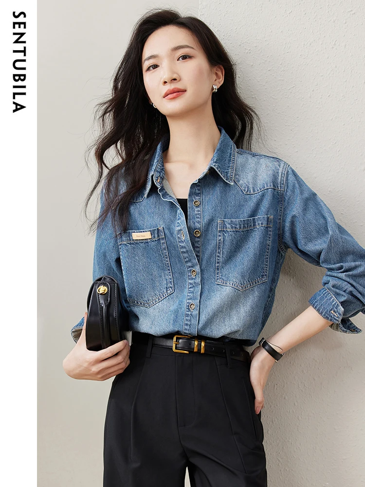 

SENTUBILA Vintage Blue Denim Shirt Women 2024 Autumn Lapel Office Lady Blouses Long Sleeve Streetwear Womens Shacket W33C50392