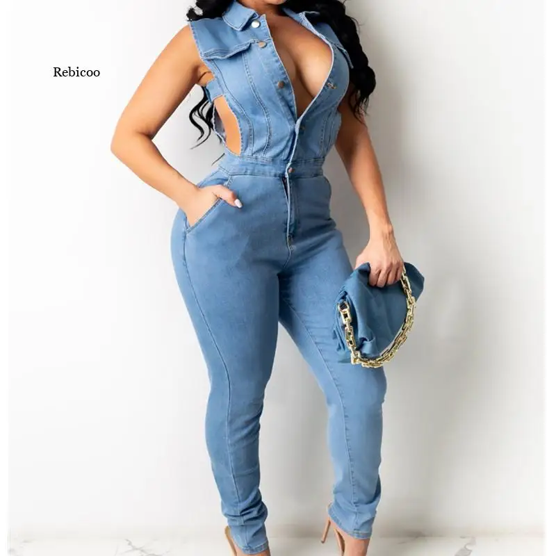 Sexy magro sem mangas jeans macacão denim playsuit feminino algodão elegância jeans mulher senhoras macacão saltar ternos