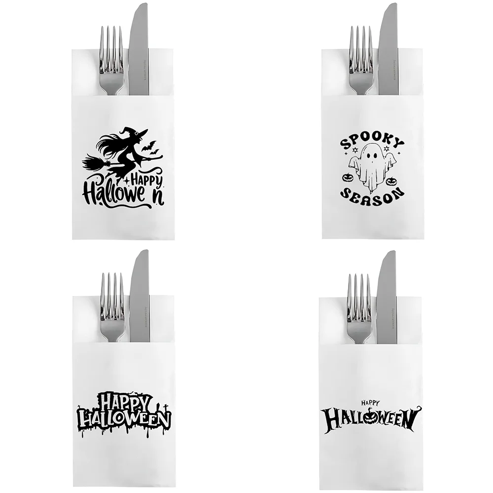 

5Pcs Happy Halloween Spooky Season Disposable Dinner Napkins with Built-in Flatware Pocket Dining Table Accessories Witch Ghost