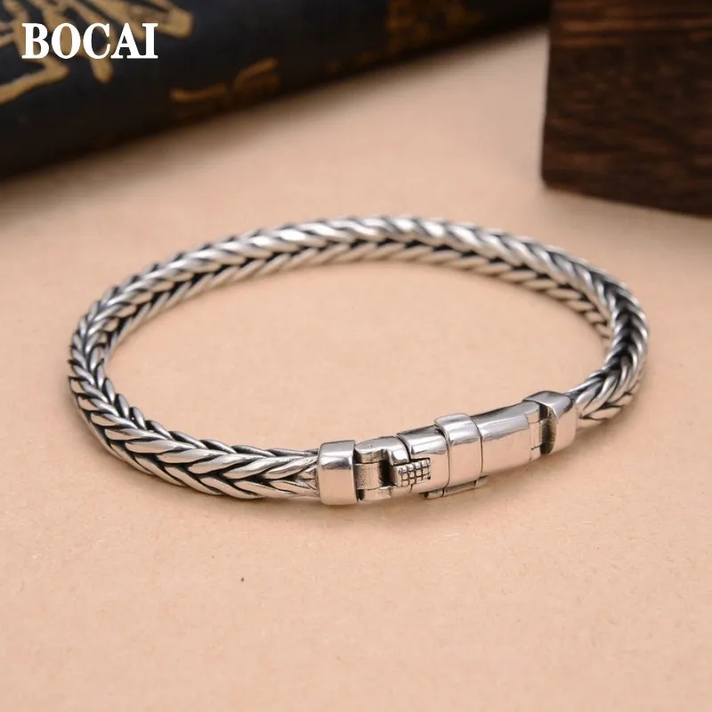 BOCAI New Real Pure S925 Silver Handmade Woven Retro Domineering Style Ppersonality Keel Man and Woman Bracelets  Dropshipping