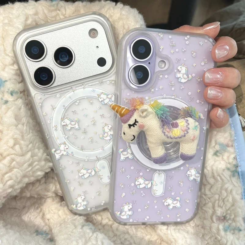 

Korean Cute Unicorn Little Flower Print Matte Magnetic Phone Case For iPhone 17 Pro 16 15 14 Pro Max Cover with Holder For Magsa