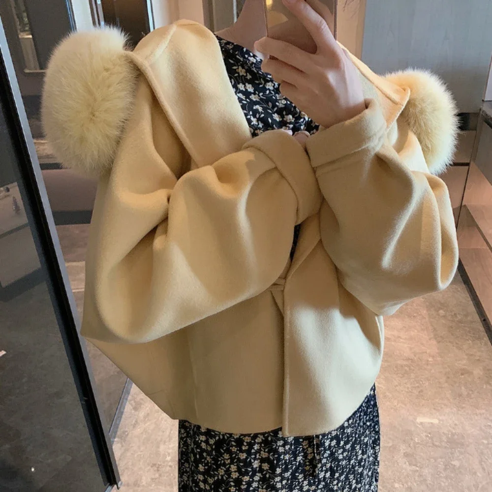 Double-sided Cashmere Coat Female 2024 Autumn Winter New Fashion Fox Fur Collar Short Small Woolen Loose Wool Real Fur Coat