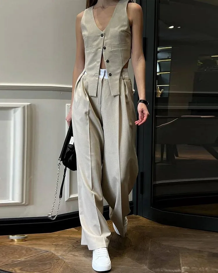 Women Two Piece Sets Pant Set Solid Casual V Neck Sleeveless Vest Tops High Waist Wide Leg Long Pants Solid Elegant Splice