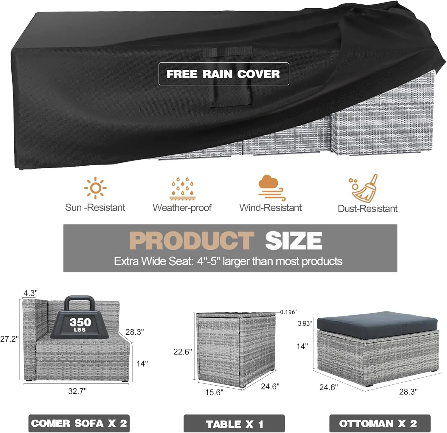 Patio Furniture Set 5 Pieces Outdoor Conversation Set All-Weather Wicker Rattan Sectional Sofa With Ottoman Cushions Pillows