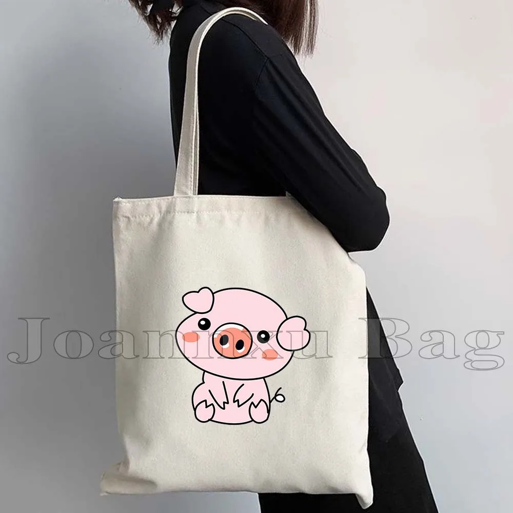 Kawaii Heart Pink Pig beruang lucu hewan yang indah kartun wanita kanvas bahu tas jinjing Harajuku pembelanja tas tangan katun dapat digunakan kembali