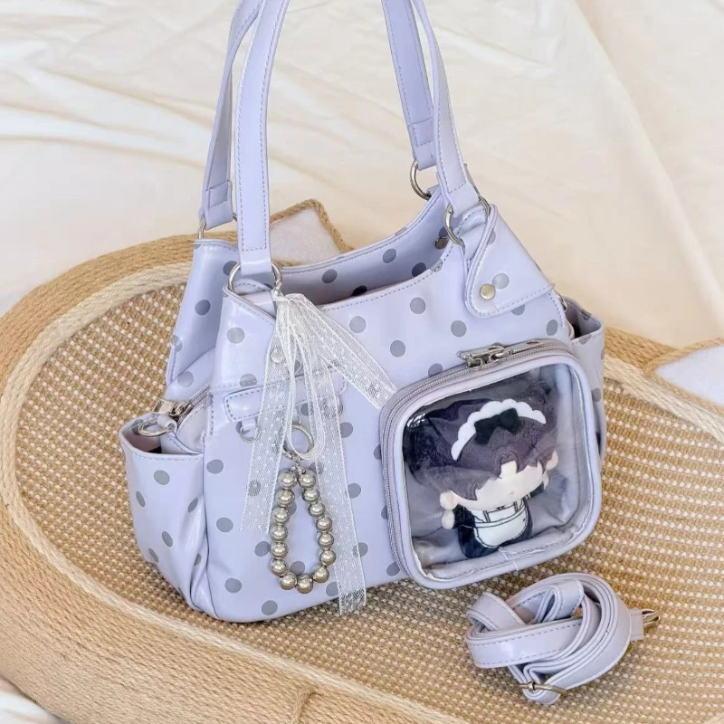 Polka Dot Ita Bag mit transparentem Sichtfenster, Damen-Umhängetasche, japanische Mädchen-Handtasche mit süßer Schleifendekoration. – Detail 2