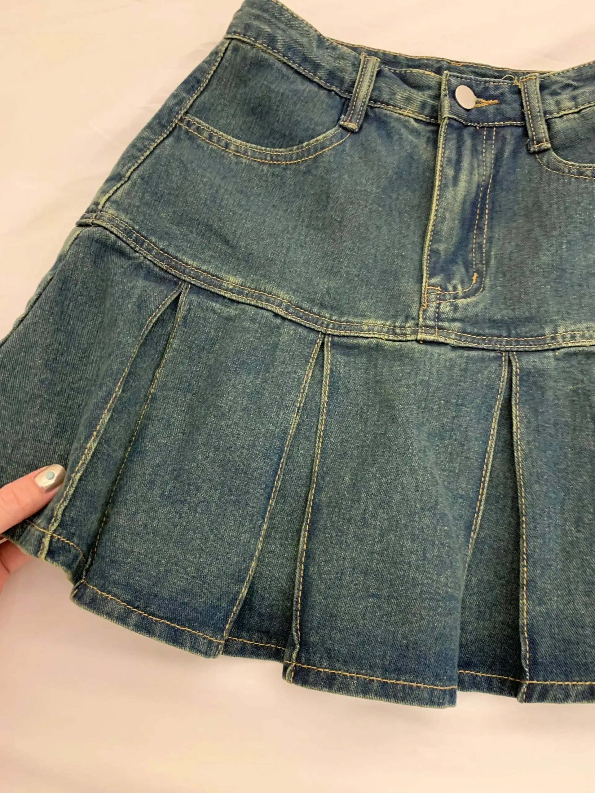 Women's Blue A-line Denim Skirt Vintage Jean Pleated Skirt Harajuku Korean Style Y2k Cowboy Shorts Skirts 2000s Clothes Summer