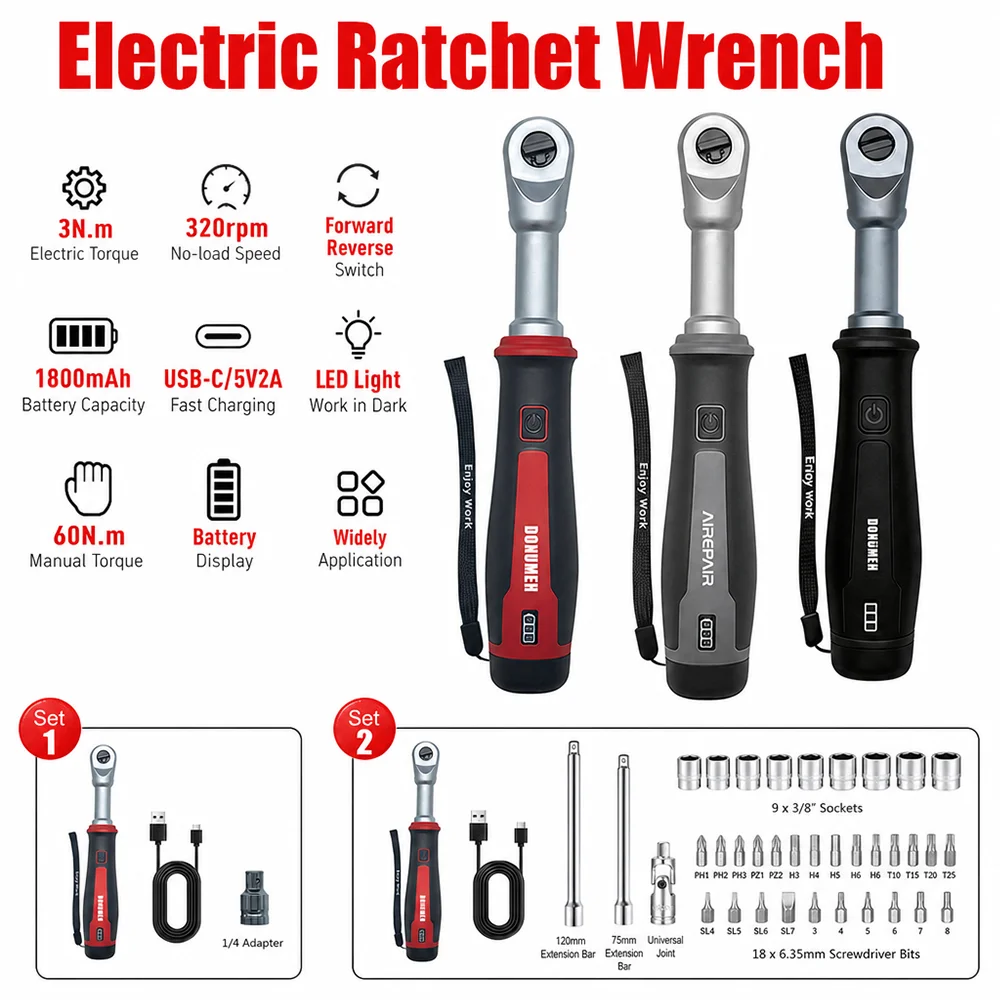 3/8 Cordless Electric Ratchet Wrench 3N.m 320RPM 1800mAh USB-C Charging Tool With Forward Reverse Switch For Car DIY Maintenance