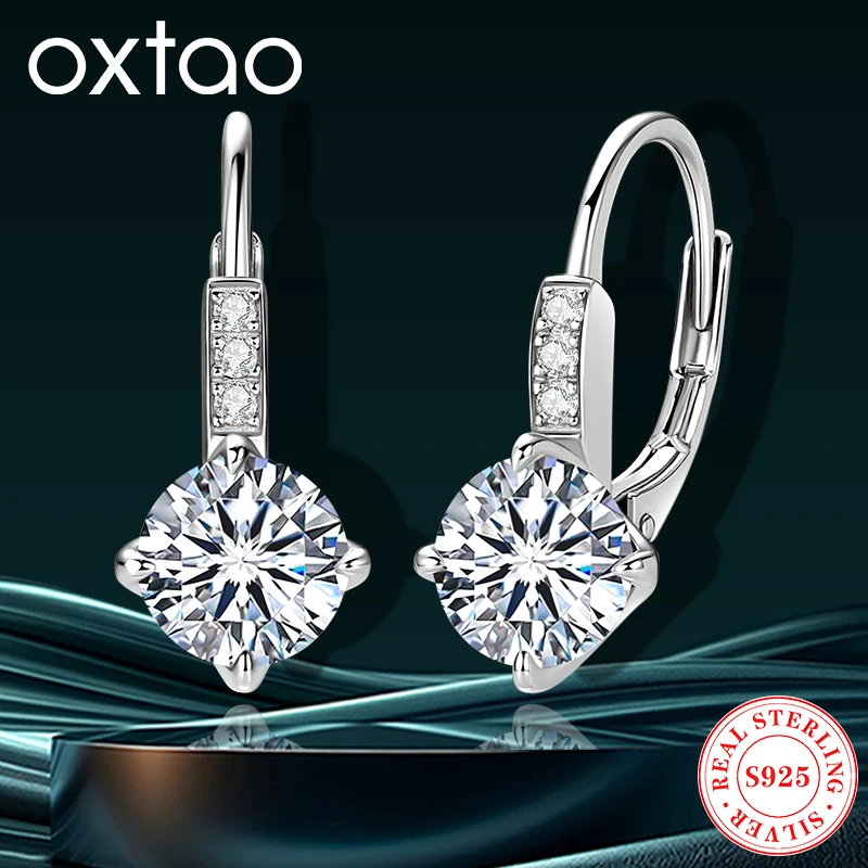 

OXTAO Plated 18k White Gold Moissanite Hoop Earrings 6.5mm Lab Diamond Earring for Women Original 925 Silver Jewelry Huggies