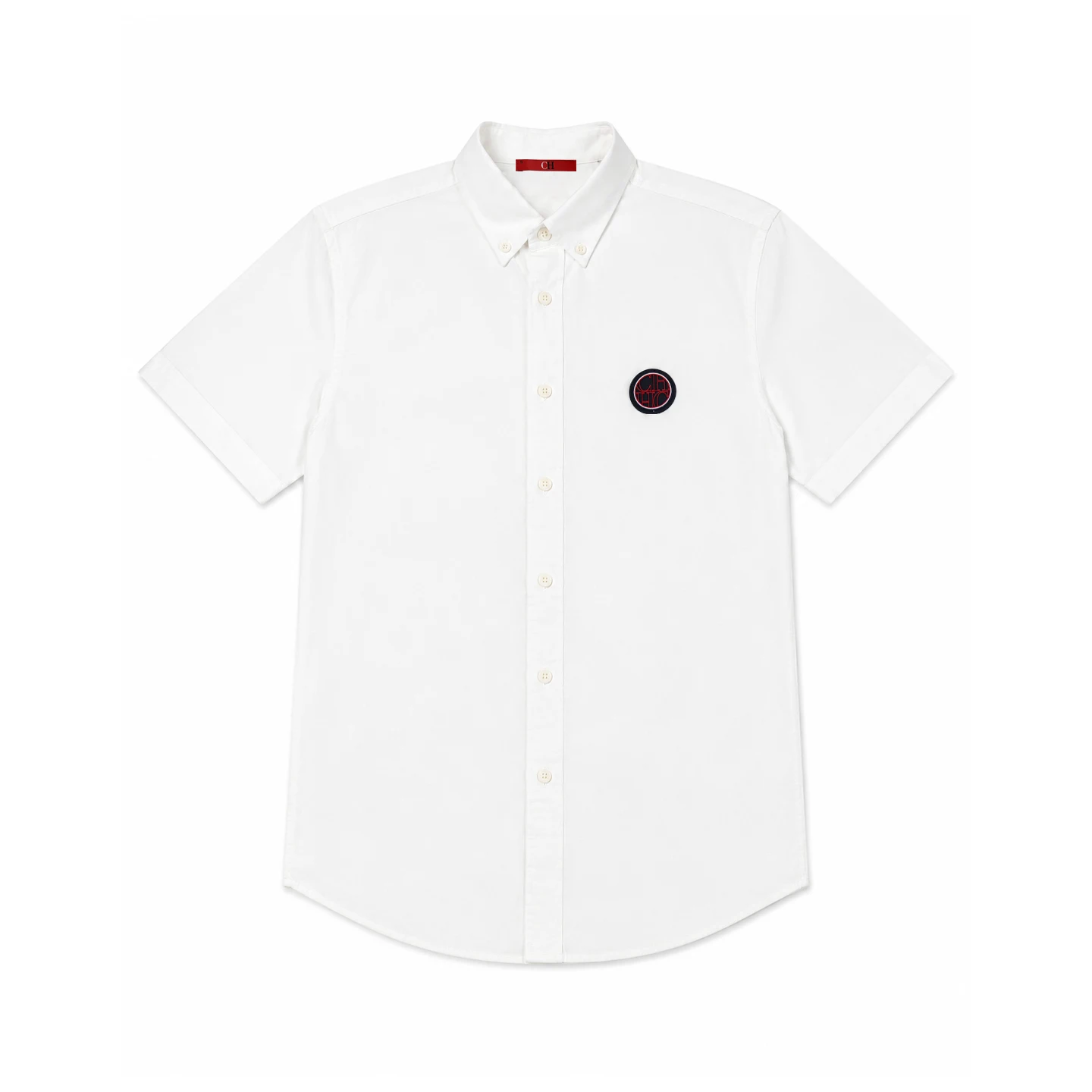 CH Men's White Oxford Short Sleeve Shirt Button Down Collar Circular Patch Logo Cotton Business Formal Casual Button Up Shirts