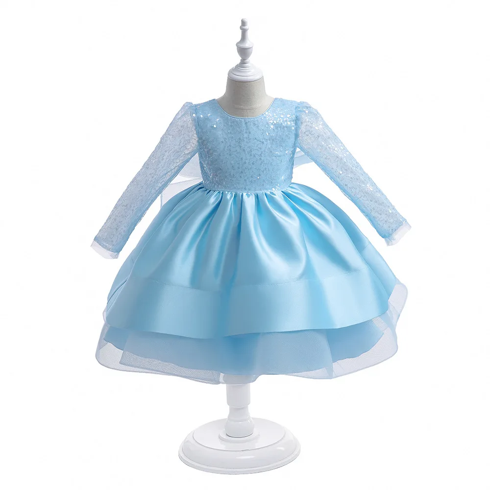 Vestido de renda de manga comprida infantil, lantejoulas anfitrião, aniversário, casamento