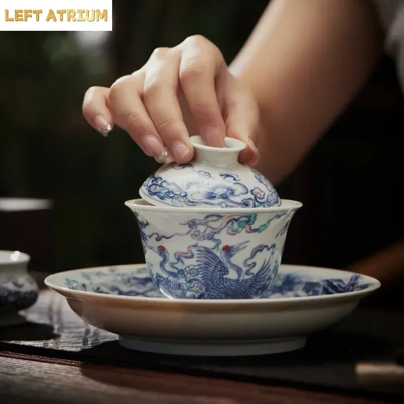 Jingdezhen Chinese Blue and White Cover Bowl, High-end Tea Room Hospitality Host Cup Birthday Gift TeaCup Guest Cup Pot Bearing